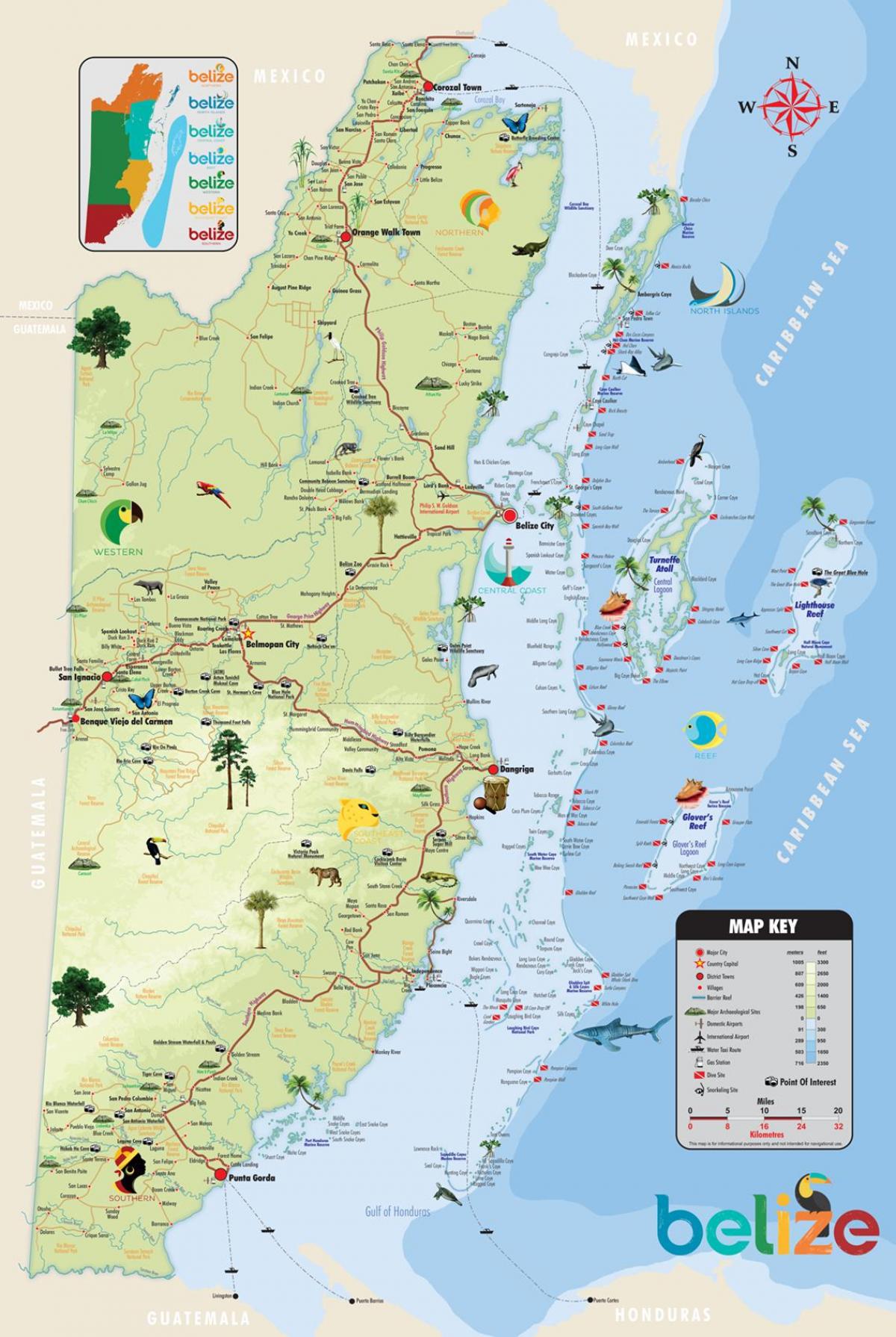 Mapa de Belice atraccións