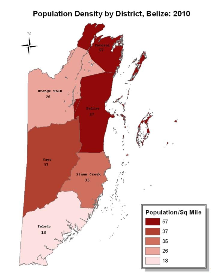 Mapa de Belice poboación