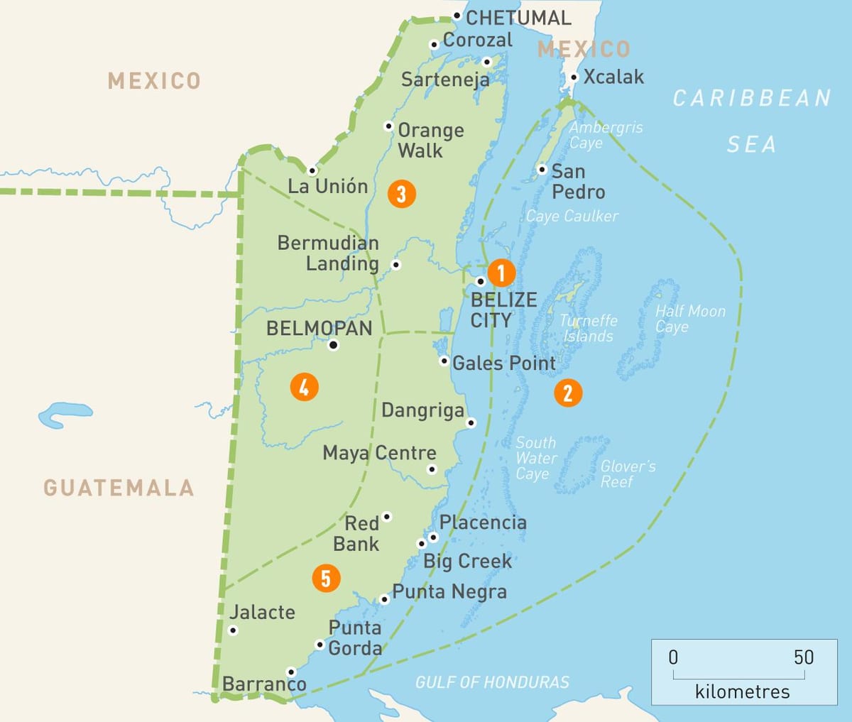 Mapa de Belice e os países veciños